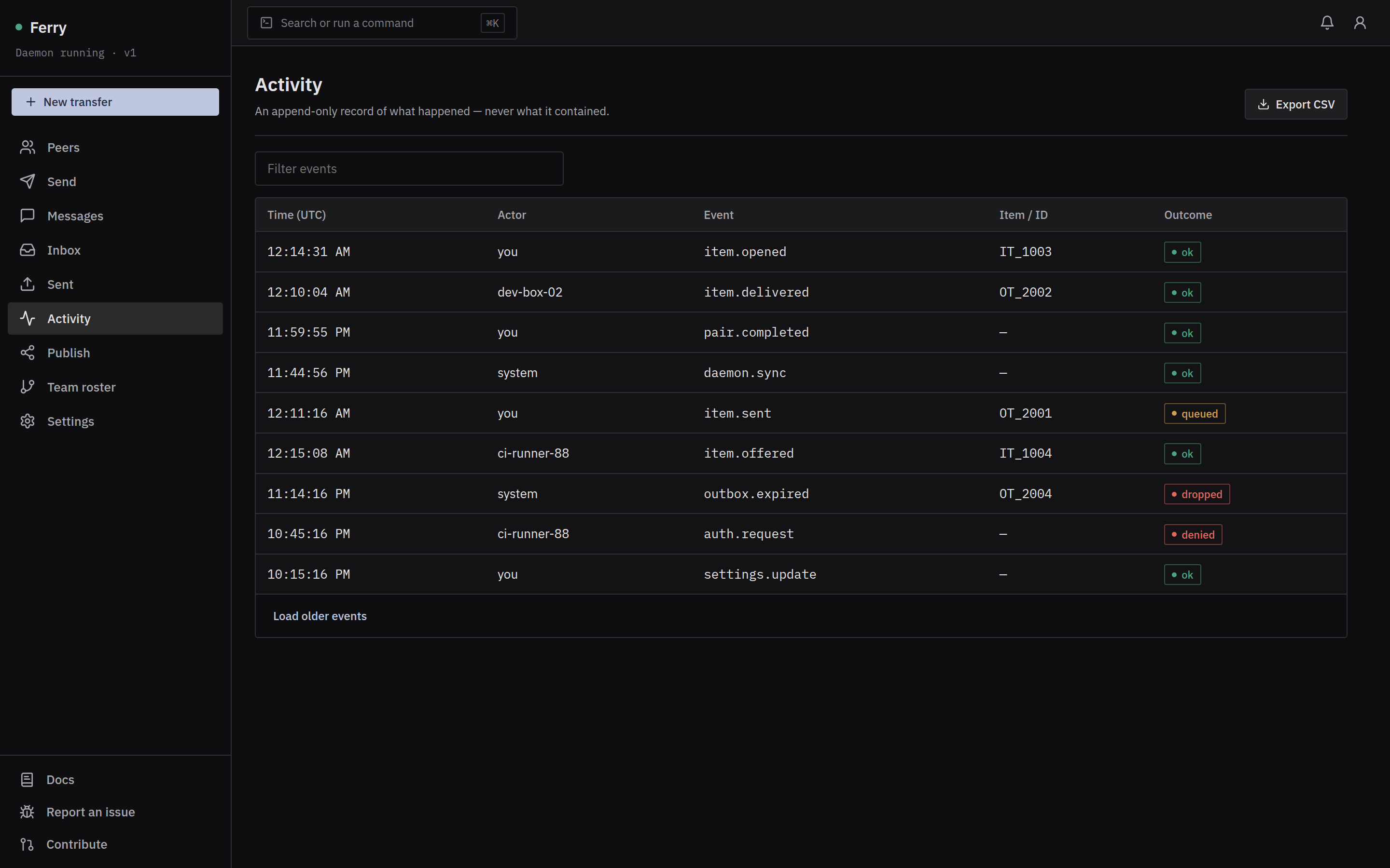 Ferry — the Activity log of content-free audit events