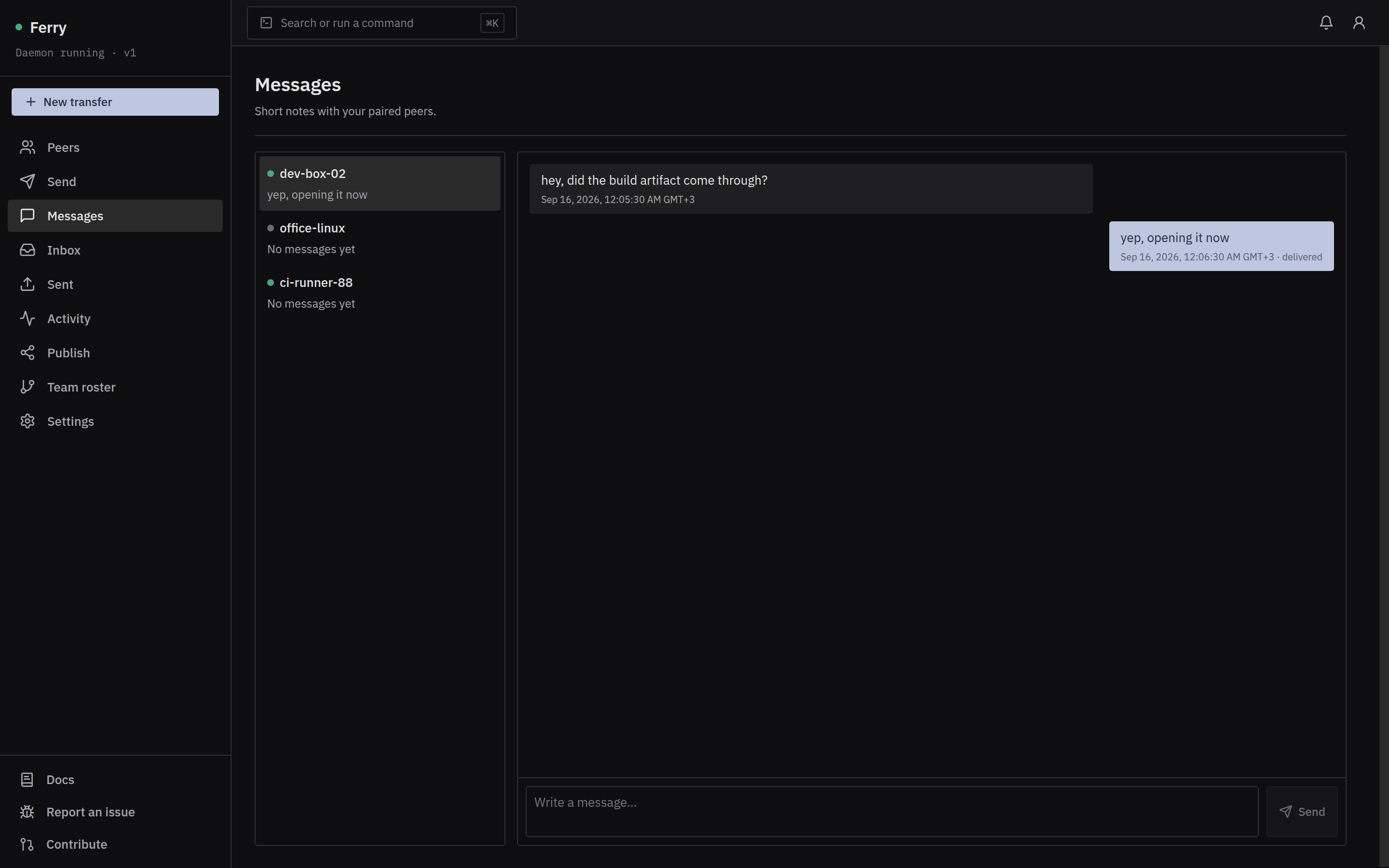 Ferry — a message thread with a paired peer