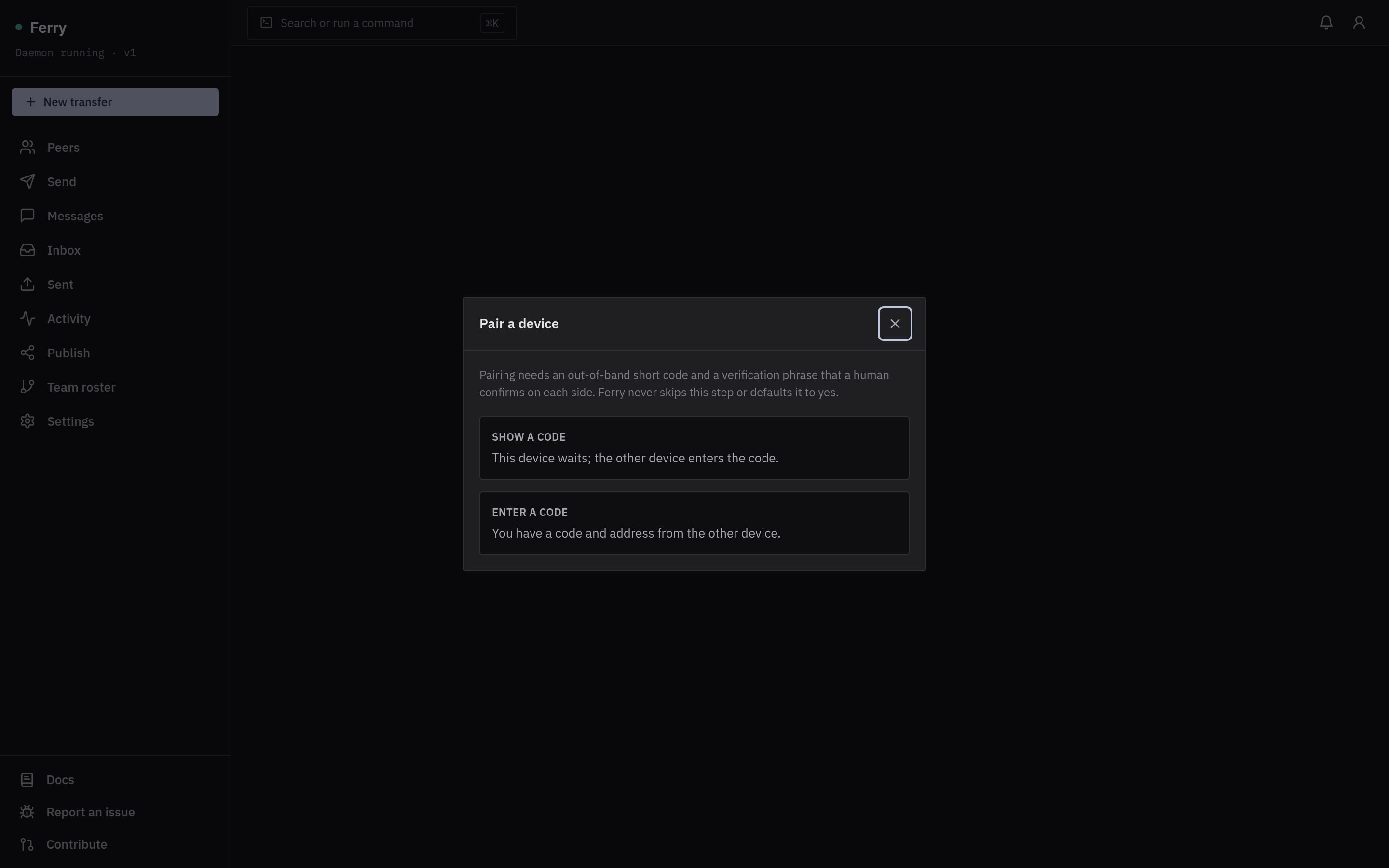 Ferry — the Pair a device dialog