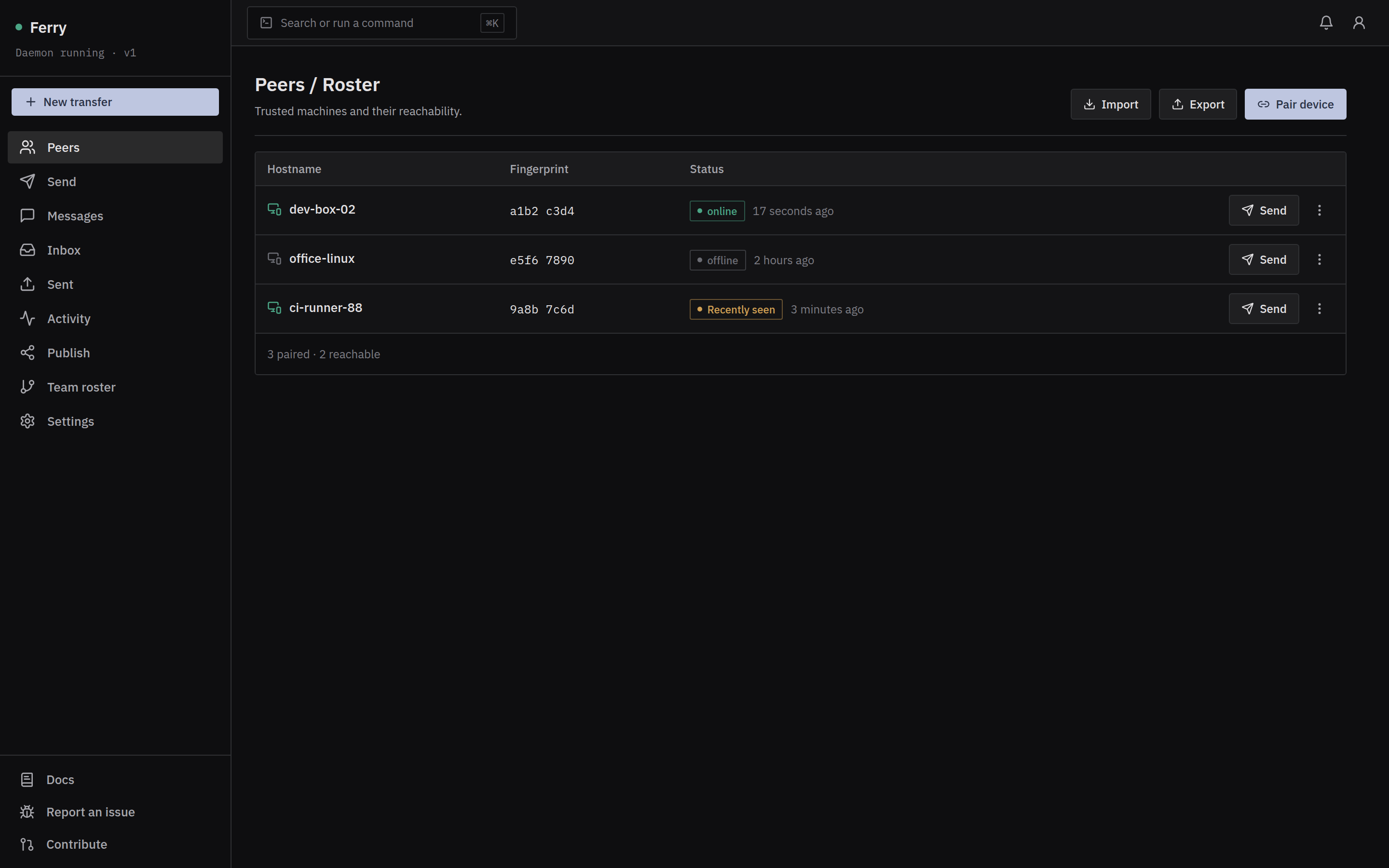Ferry — the Peers / Roster screen with fingerprints and reachability