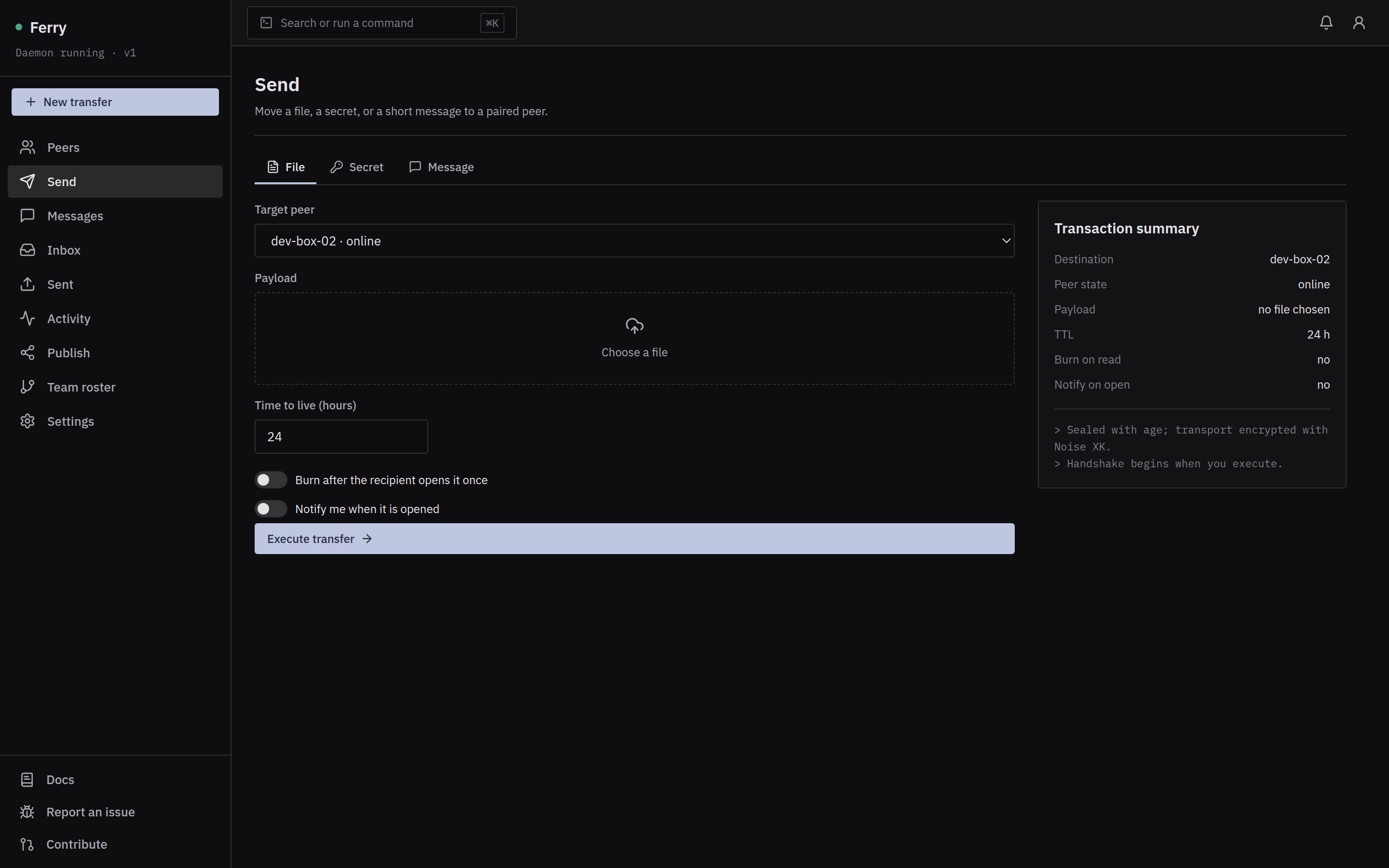 Ferry — the Send screen with the transaction summary