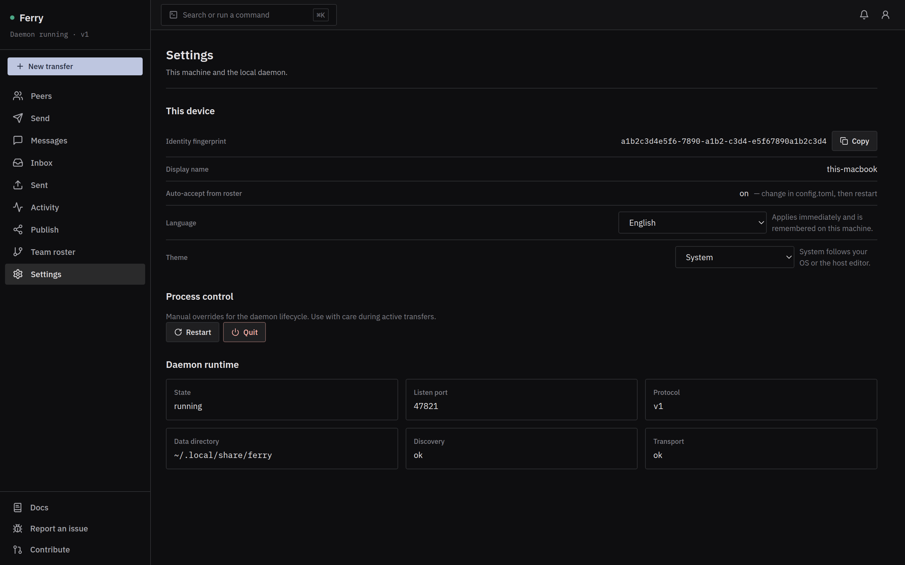 Ferry — Settings, this device's identity and the daemon's runtime state